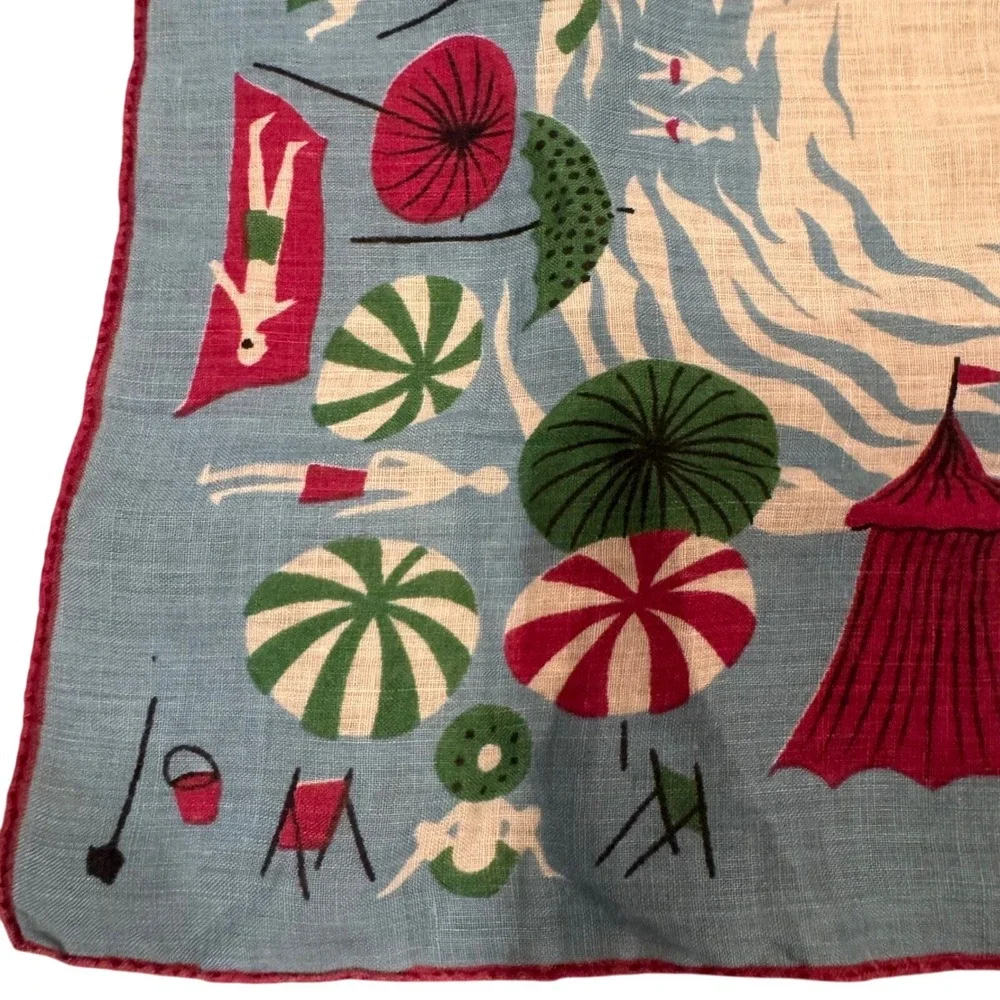 Rare Signed Vintage Tammis Keefe‎ Cotton Handkerchief Whimsical Beach Scene